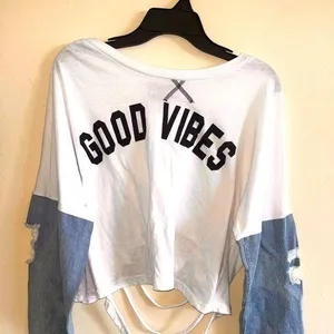 Rainbow Sandals - Love - Good Vibes Back Ripped Jean Arm Cropped Half Shirt - 1X thumbnail 1