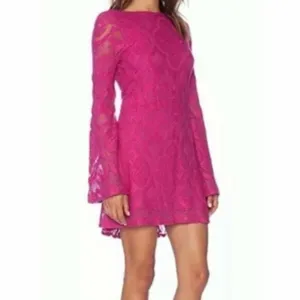 Nightcap Mini Dress Large Pink‎ Lace Open Back Bell Sleeve Boho Boatneck New NWT thumbnail 2