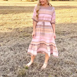 Storia Neopolitan stripes midi dress peach beige short sleeve bows elastic waist thumbnail 5
