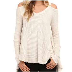 Free People Womens Sunrise Cold Shoulder Waffle Knit Sweater Cream Size‎ XS thumbnail 3