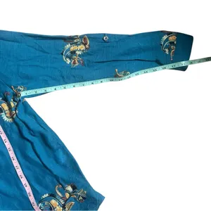 Fig and Flower Anthropologie Boho Floral Teal Shirt Embroidered Roll Tab thumbnail 6