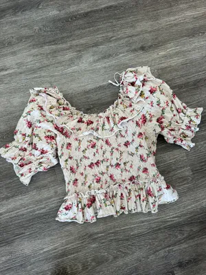 Free People favorite girl ruffle front smocked floral crop top cream medium thumbnail 11