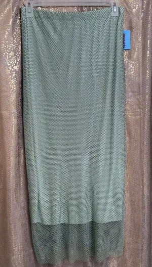 WAYF Light Sage Green Rhinestone Fishnet Mesh Maxi Skirt Large NWT thumbnail 1