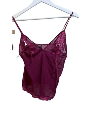 Victorias Secret Sexy Little Things Sheer Mesh Lace Cami Magenta VTG L thumbnail 1