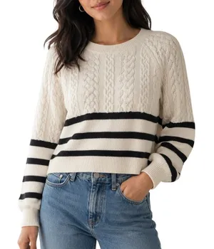 Express Striped Cable Knit Sweater Cream Black Cropped Size S Preppy Coastal thumbnail 1