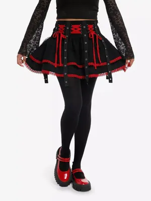 Hot Topic NWT Black & Red Lace Up Goth Punk Grommet Tiered Skirt 1 (XL) thumbnail 1