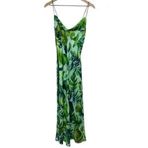 Zara Green Tropical Palm Leaf Satin Long Maxi Slip Dress Size XS thumbnail 9
