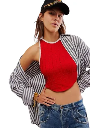 Free People Maci‎ Textured Red White Open Back Lace Up Tank Top XS New thumbnail 1