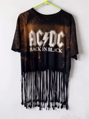 AC/DC Back in Black Bleached Fringe Band Tee Rock Grunge XL thumbnail 1