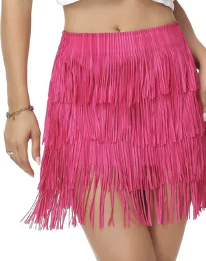 Fringe Skirt Women High Waist Mini Stretchy Pink Small thumbnail 1