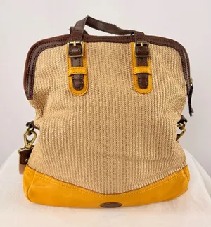 Fossil Woven & Leather‎ Fold Over Handbag with Strap Tan Brown Yellow thumbnail 1