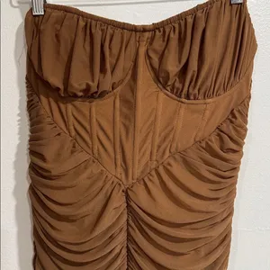 PrettyLittle Thing Chocolate Corset Detail Mesh Ruched Bandeau Jumpsuit NWT thumbnail 4