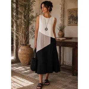 For Cynthia Linen Blend Colorblock Midi Dress Small Lagenlook Minimalist thumbnail 2