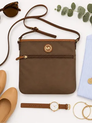 Michael Kors Jet Set Brown Nylon Leather Trim Crossbody Travel Bag 8.5x8 in GUC thumbnail 10
