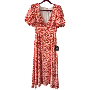 Lulus Love Is In The Flair Red Orange Heart Print Midi Dress Women’s Small NWT thumbnail 2