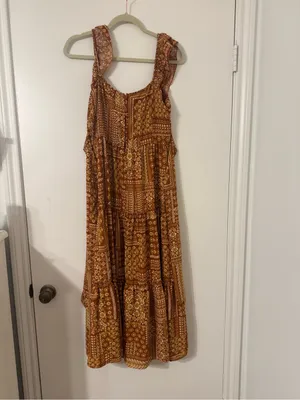 NWT Trixxi Rust Orange Tiered Patchwork-Print Ruffled-Strap Midi Dress Sz Large thumbnail 10