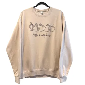 Womens "Hello Pumpkin" Crewneck Sweatshirt Long Sleeve Beige Graphic Fall Size L thumbnail 2