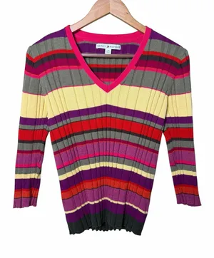 Vintage 2004 Tommy Hilfiger Striped Ribbed V-Neck Sweater Top Y2K Large thumbnail 1