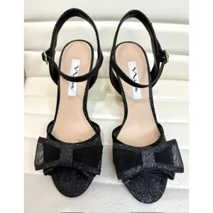 Nina Black Mesh Glitter Bow Heeled Sandals Sz7 thumbnail 2