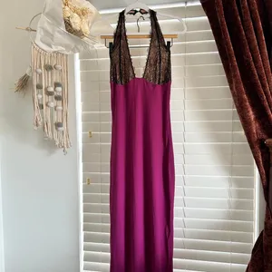 White Fox wine Burgundy Lace Halter Maxi Gown Open Back Formal Dress xl thumbnail 2