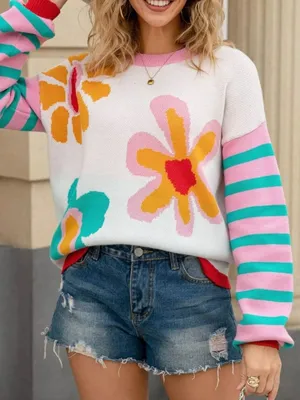 NEW Boutique Floral Striped Mixed Print Crewneck Sweater Summer Spring Bright thumbnail 2