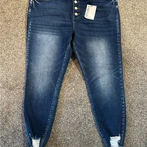 Zenana Button Fly Dark Wash Raw Hem Skinny Jeans – Size 36 NWT thumbnail 1