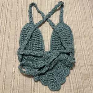 Handmade Crochet Longline Halter Cross Tie Back Plunge Crop Top in Teal thumbnail 3