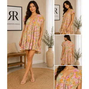 Entro‎ Floral V-Neck Short Sleeve Babydoll Mini High Low Dress Size Large thumbnail 2