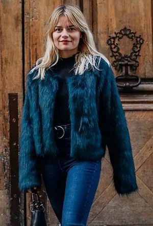 Free People Frankie Faux Fur Jacket Dark Emerald Green Teal Coat Size Medium thumbnail 1
