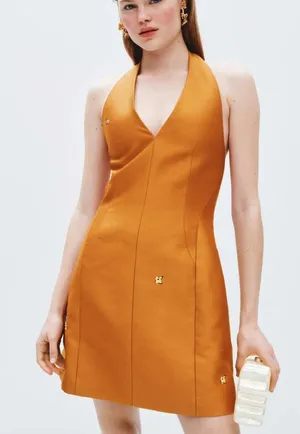 Romy Copper Halter Mini Cocktail Dress MEDIUM Satin Party Backless Designer $310 thumbnail 1