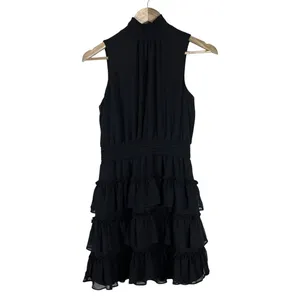 Express Smocked Mock Neck Solid Tiered Ruffle Mini Dress Black Whimsigoth Size S thumbnail 2