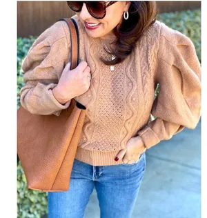 Express Tan Wool Blend Cable Knit Sweater Puff Sleeve L thumbnail 2
