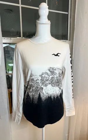 Hollister Cream & Black Mountain Tree Graphic Long-Sleeve Tee size XS. thumbnail 1