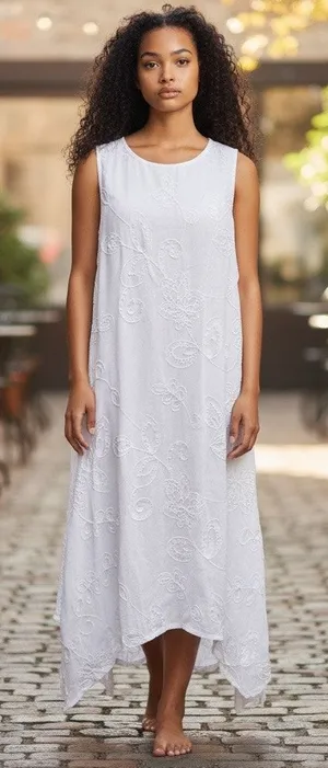 ELLE White Dress SZ L Embossed W/ Embroidery LWD Bow Tie Back Handkerchief Sheer thumbnail 1