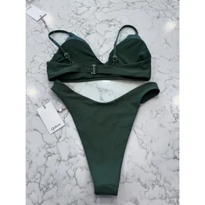 NWT Quince Palm Green Italian V Neck Bikini Top & High Leg Ring Bottoms Medium thumbnail 2