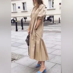 ZARA Asymmetric Puff Sleeve Tiered Cotton Poplin Midi Dress‎ in Camel Size XS thumbnail 9