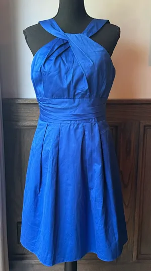 David's Bridal Royal Blue Cross-Over Halter Fit & Flare Mini Dress sz 8 thumbnail 1