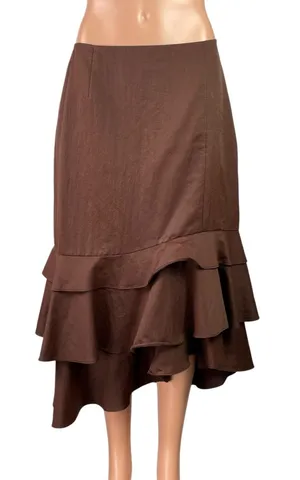 Samuel Dong Women's Brown Mid Waist Ruffle Asymmetric Tiered Midi Skirt Size M thumbnail 1