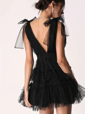 Lulus Tulle Proof Black Beaded Tie Shoulder Mini Dress NWT Size Small Party thumbnail 2