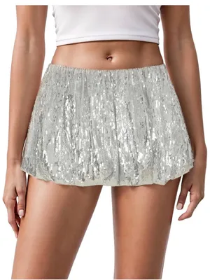 NEW Bubble Mini Skirt Sequin Sparkly High Elastic Waisted Puffy Balloon Short S thumbnail 1
