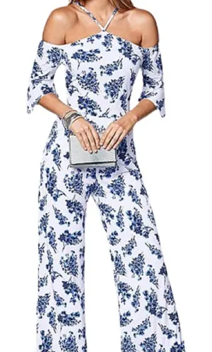 VENUS Blue Floral Off-Shoulder Jumpsuit thumbnail 1