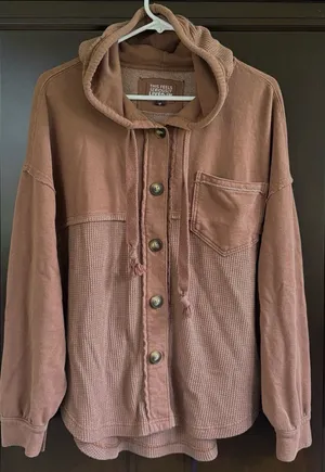 EUC American Eagle Waffle Button Front Hoodie Shacket Brown Generous XS thumbnail 1