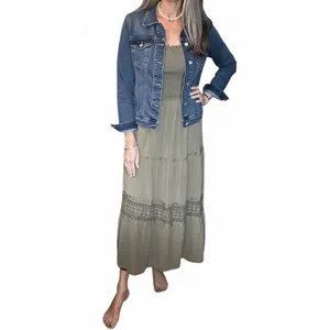 Zesica Green Rayon Strapless Smocked Maxi Dress Crochet Lace Tiered Boho Summer thumbnail 4