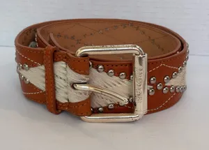 Michael Kors Silver Studded Diamond Design Calf Hair Panels Belt Sz L NWT thumbnail 1