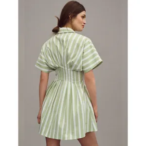 Exquise Tobie Green Striped Button Front Pleated Mini Shirtdress Medium New NWT thumbnail 3