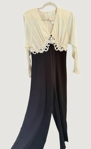 Spencer Alexis Vintage Jumpsuit Black Cream Lace Applique Wide Leg 6 Made in USA thumbnail 1
