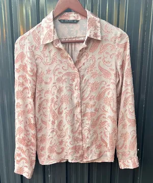 Zara Pink Sheer Paisley Embroidered Collared Button Up Blouse Boho Coast S Small thumbnail 1