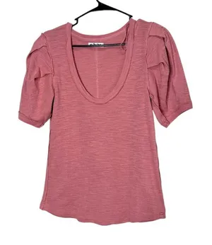 Free People Rose Pink Ribbed Scoop Neck‎ Puffed Short Sleeve Top L thumbnail 1