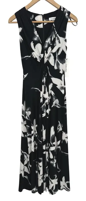 Calvin Klein Maxi Dress Womens 2 Black Floral V-Neck Sleeveless Resort Travel thumbnail 1