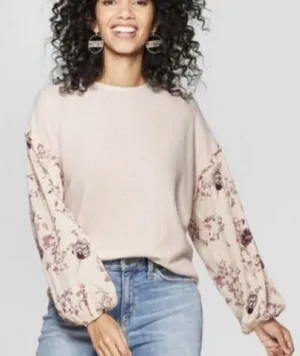 Knox Rose Womens Sz Medium Thermal Top Long Sleeve Light Pink Contrasting Floral thumbnail 1